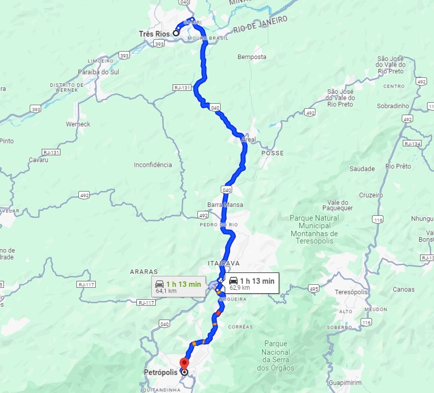 Print do Google Maps com distância entre Três Rios e Petrópolis