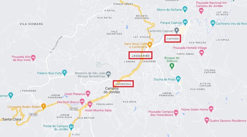 Print do Google Maps com destaque da região do Capivari, Vila Jaguariba e Abernéssia em Campos do Jordão