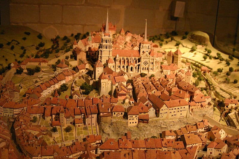 Imagem de uma maquete do Maquete do Museu Histórico da cidade de Lausanne em 1638. Representa o que fazer em Lausanne na Suíça