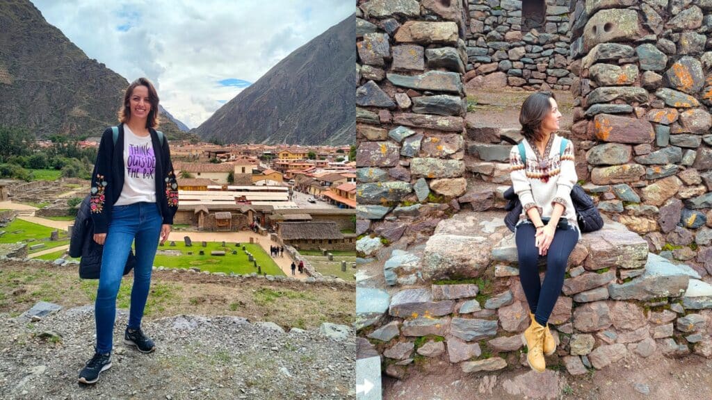 Colagem de duas fotos no Vale Sagrado dos Incas. A primeira (à esquerda) é de uma mulher de pé, com mochila nas costas, sorrindo com a vista de uma cidade no Vale Sagrado dos Incas atrás. A segunda imagem (à direita) é de uma mulher sentada, de mochila nas costas, olhando para à direita e sorrindo. Ela está sentada em um local feito de pedras. Representa o que levar na mala para o Peu