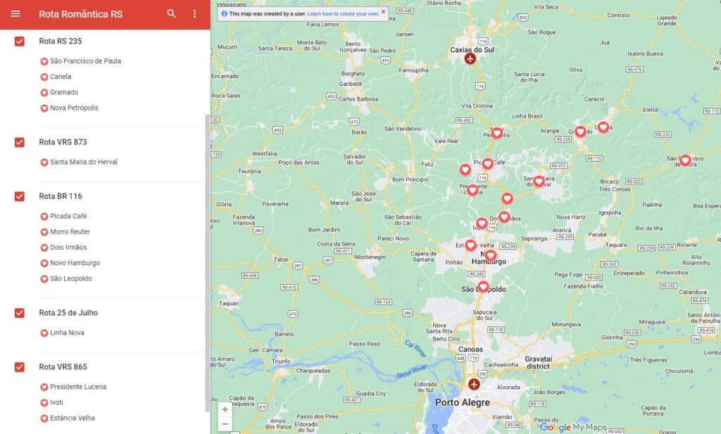 Print do Google Maps com marcações nas cidades que fazem parte da rota romântica RS