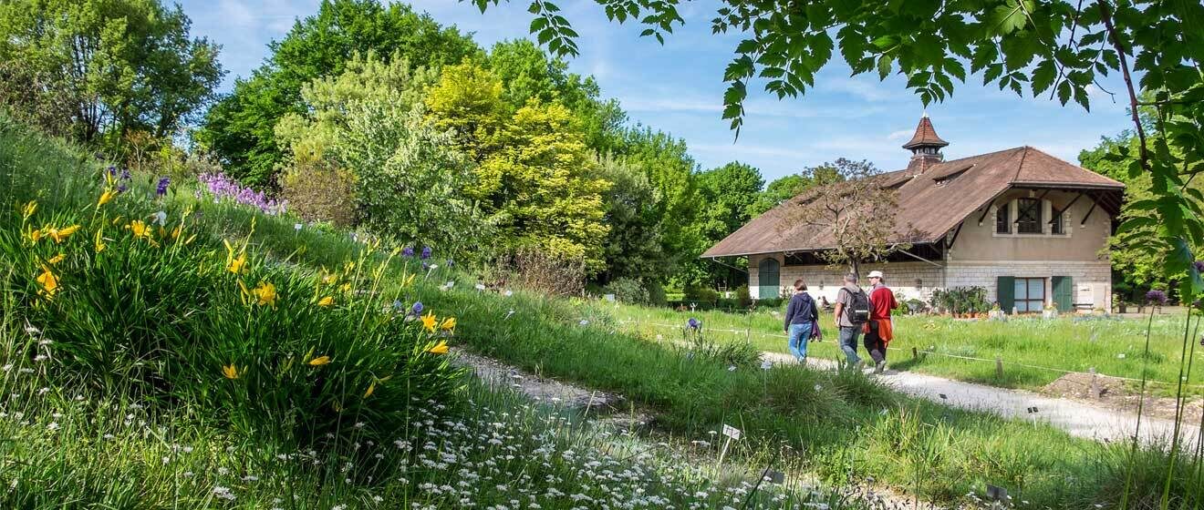 Imagem do Jardim Merian durante o dia com jardim com flores do lado esquerdo e do lado direito três pessoas andando e ao fundo uma casa.