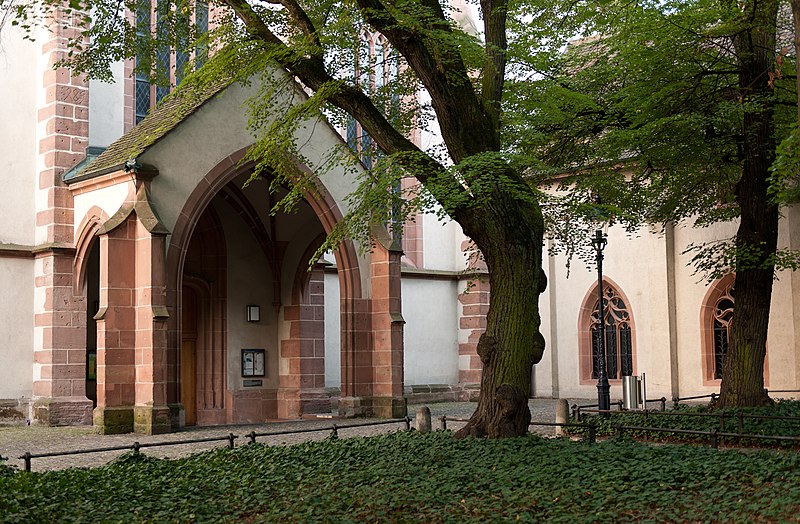 Imagem do pátio da igreja do Leonhardskirche com jardim a frente com algumas arvores e ao fundo o edifício.