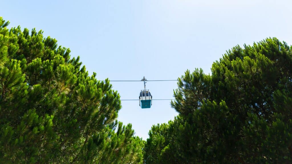 Imagem do Teleférico em Lisboa durante o dia com árvores a frente e ao fundo o teleférico.