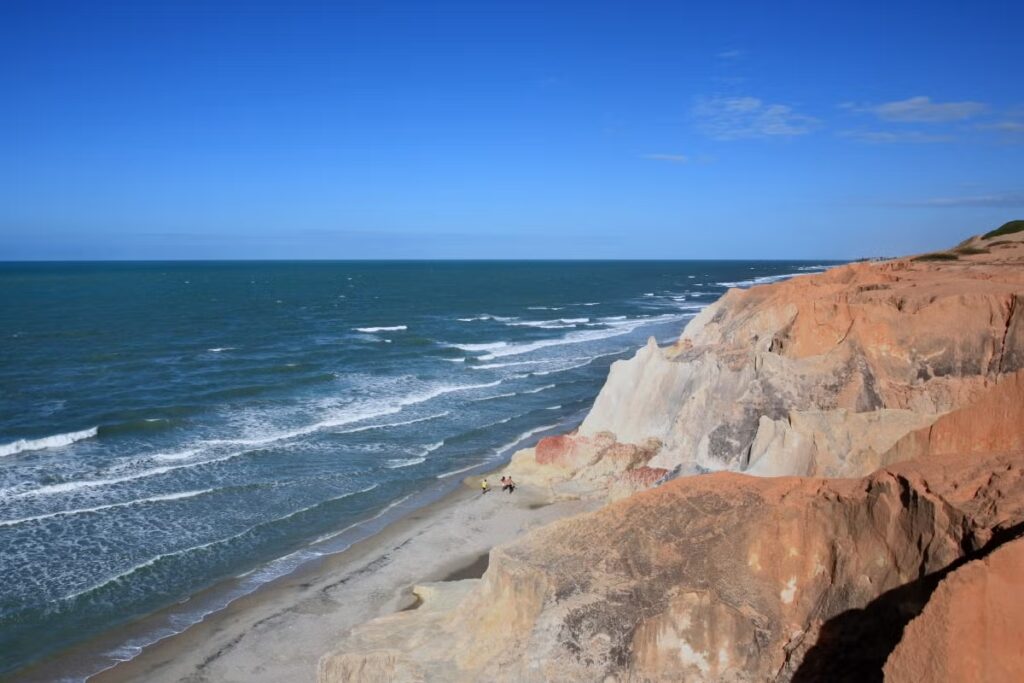 Foto aérea da Praia de Morro Branco em Fortaleza. Na esquerda está o mar azul, e na direita há várias rochas e falésias. Três pessoas estão caminhando pela areia branca. O céu está azul e quase sem nuvens.