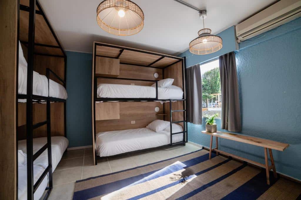 Um quarto no Selina Punta Del Este (Península) com dois conjuntos de beliches de madeira, um tapete listrado, um banco, um vaso de plantas e a luz do sol entrando por uma janela, para representar onde ficar em Punta Del Este.