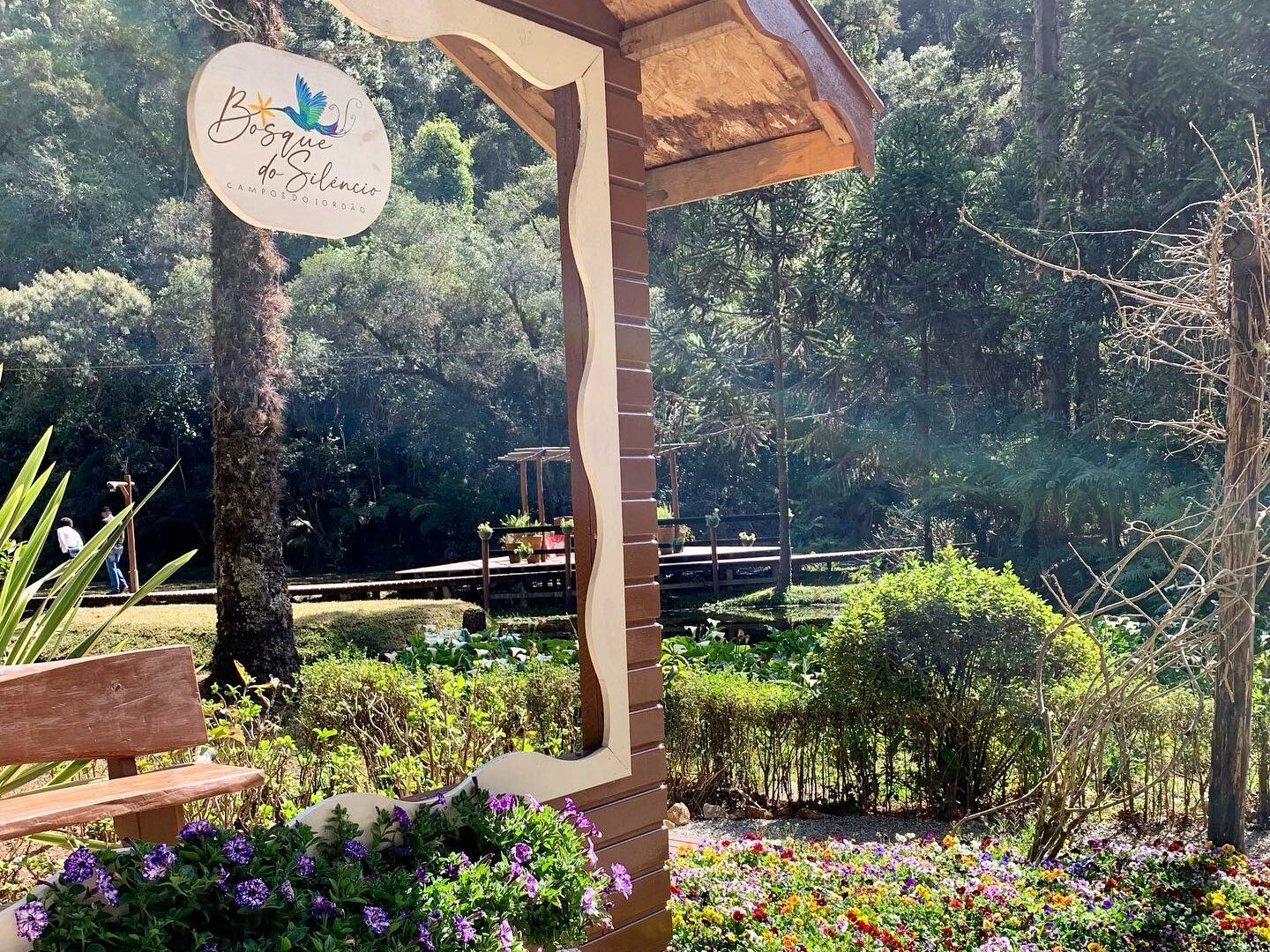 Foto do Bosque do Silêncio em Campos do Jordão. Toda a área é repleta por vegetação e um belo jardim está em primeiro plano. Na esquerda há uma placa de madeira contendo o nome do bosque. Um banco também está atrás da placa. A foto ilustra o post de o que fazer em Campos do Jordão.