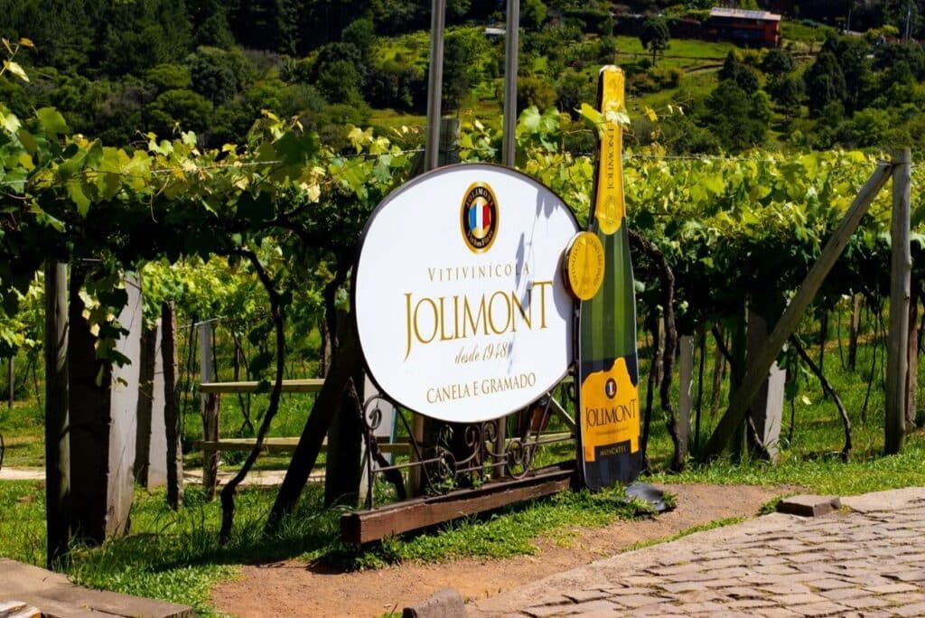 A imagem mostra a entrada da Vinícola Jolimont, localizada entre Canela e Gramado, na Serra Gaúcha, Rio Grande do Sul. No centro da imagem, há uma placa oval branca com o nome "Vitivinícola Jolimont" em letras douradas, acompanhada da inscrição "desde 1948". Abaixo do nome, está escrito "Canela e Gramado". Ao lado da placa, há uma réplica de uma garrafa de vinho espumante com rótulo verde e amarelo, destacando a marca da vinícola.
Ao fundo, é possível ver vinhedos com fileiras de videiras bem cuidadas, em um cenário verdejante típico da região serrana.
