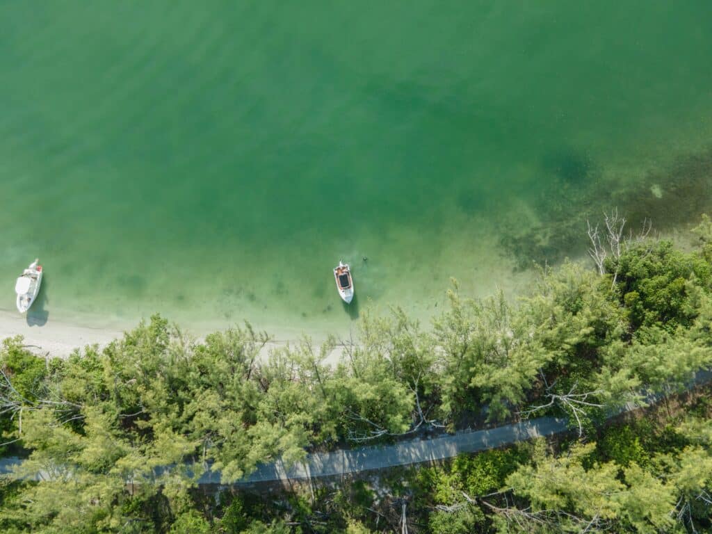 Imagem de cima de um rio de Miami durante o dia com mata do lado direito e do lado esquerdo a cima o rio com barcos dentro.