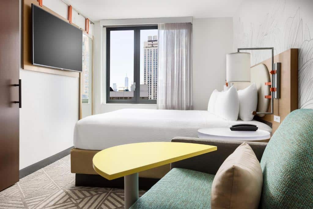 No quarto do SpringHill Suites by Marriott New York Manhattan Chelsea Hotel há duas camas de casal com cabeceiras de madeira, lado a lado. À direita, uma mesa de trabalho com uma cadeira preta. Na parede do fundo, há uma janela com cortinas cinzas. À esquerda, uma TV presa na parede acima de uma mesa pequena.