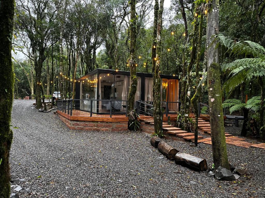 A foto mostra o chalé do Alpes Canela, moderno e de vidro situado em um ambiente florestal. A casa tem grandes janelas e um telhado plano, com uma área externa que inclui tijolos e tábuas de madeira. A área ao redor está coberta por pequenas pedras, e há árvores com seus troncos parcialmente visíveis em ambos os lados da imagem. Luzes de corda estão penduradas nas árvores, adicionando uma atmosfera acolhedora à cena. A imagem destaca uma arquitetura que se integra ao ambiente natural, criando uma combinação de conforto moderno com a serenidade da natureza.