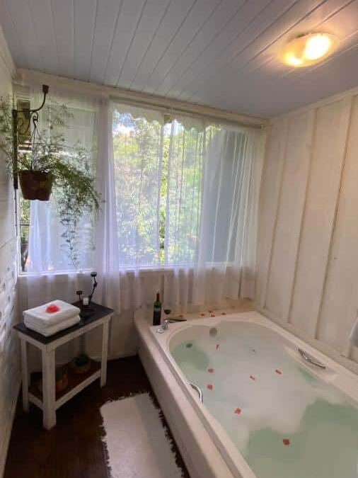 A imagem mostra um banheiro no Chalé Rustic House 2 com uma banheira de hidromassagem, cheia de água e pétalas de flores flutuando na superfície. Ao lado da banheira, há uma pequena mesa com toalhas dobradas, uma vela decorativa e uma garrafa de vinho acompanhada por taças. Uma grande janela com cortinas translúcidas permite a entrada de luz natural, oferecendo uma vista para a natureza externa. Uma planta pendurada na parede adiciona um toque de verde ao ambiente, que tem paredes brancas e piso escuro contrastante, com um tapete branco no chão.