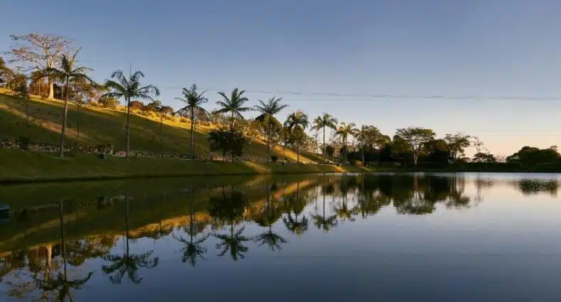 Lago do Hotel Villa Rossa, com um gramado e palmeiras no fundo. Imagem para ilustrar post sobre chalés em São Roque.