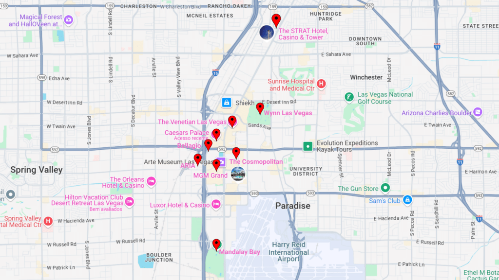 Mapa de Las Vegas com marcadores de vários hotéis e cassinos importantes ao longo da Strip e áreas próximas.
