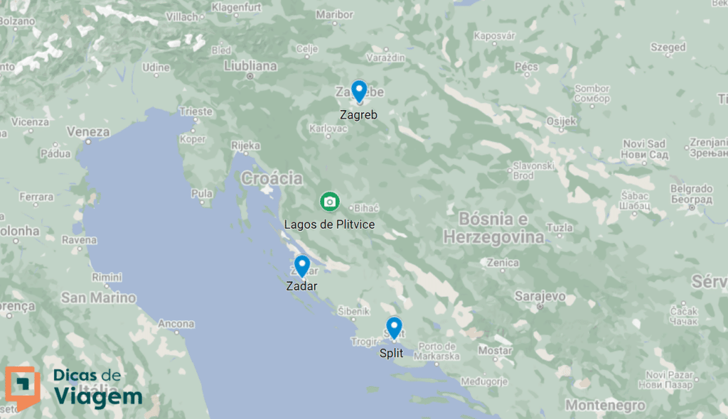 Mapa da Croácia mostrando locais marcados: Zagreb, Lagos de Plitvice, Zadar e Split, com fronteiras dos países vizinhos.