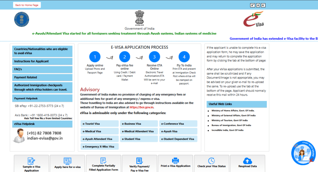 Captura de tela da página do processo de solicitação de visto eletrônico da Índia, mostrando etapas, notas de orientação, informações de contato e botões de navegação.