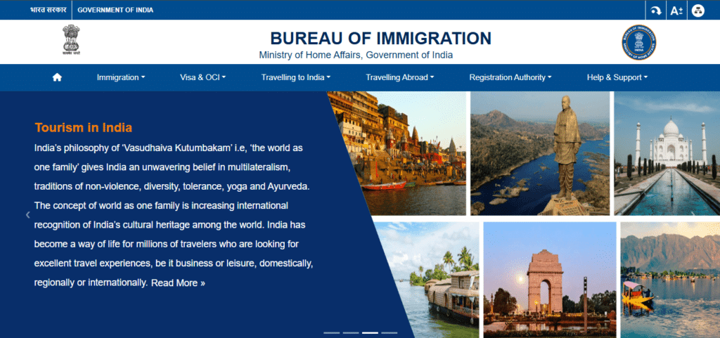 Página do Bureau of Immigration India exibindo informações turísticas, marcos culturais e links de navegação para viajantes.