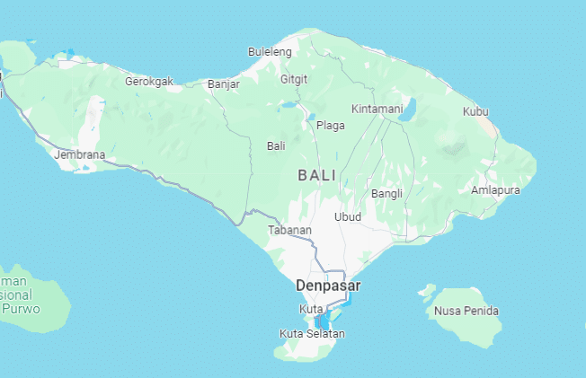 Mapa de Bali, Indonésia, destacando Denpasar, Ubud, Kuta e áreas próximas com estradas principais e características geográficas. Representa onde ficar em Bali.