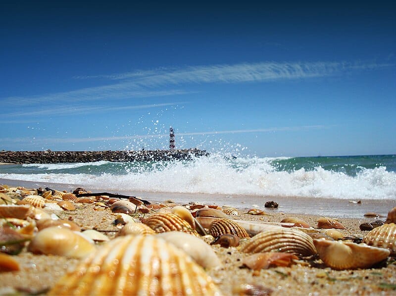 Praia das Conchas é uma praia de areia com ondas quebrando, um píer rochoso distante e um farol sob um céu azul claro. Representa roteiro para Portugal.
