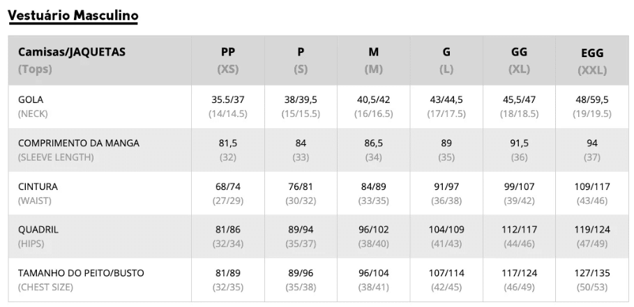 Tabela de tamanhos em português para roupas masculinas, incluindo medidas de pescoço, comprimento das mangas, cintura, quadril e peito em centímetros.
