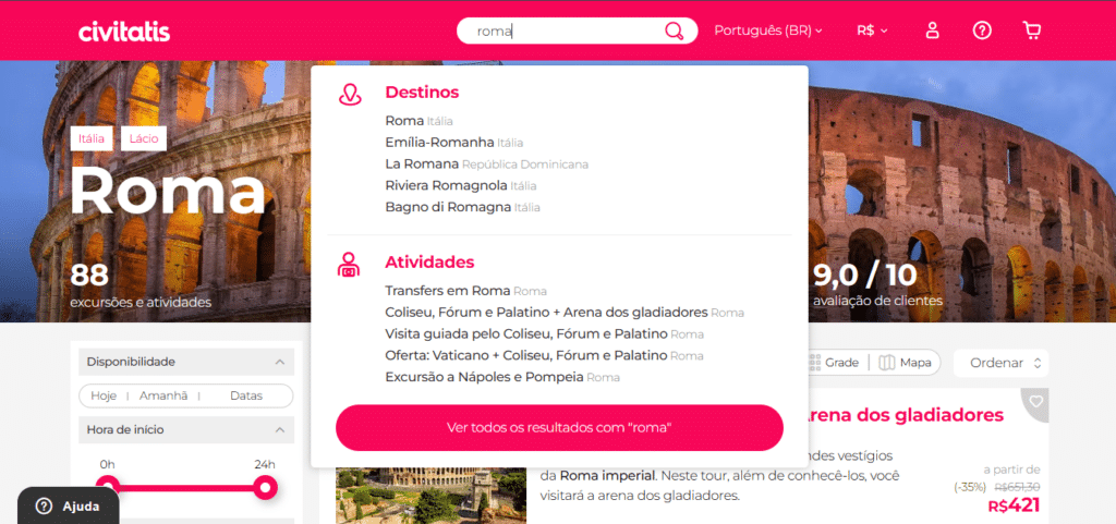 Site da Civitatis que mostra opções de viagens relacionadas a Roma com uma barra de pesquisa, lista de destinos, atividades e vários elementos de interface do usuário.