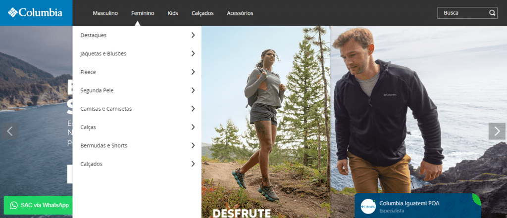 Interface do site da Columbia mostrando roupas para atividades ao ar livre, com um menu suspenso à esquerda e uma barra de pesquisa no canto superior direito.