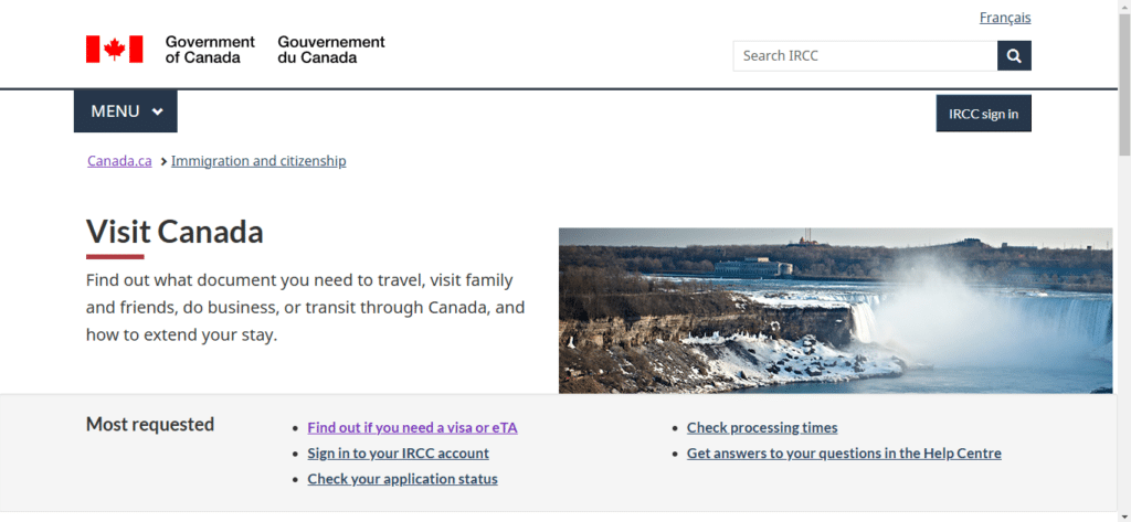 Captura de tela do site do Governo do Canadá mostrando informações sobre como visitar e tirar o visto para o Canadá, com uma foto das Cataratas do Niágara.