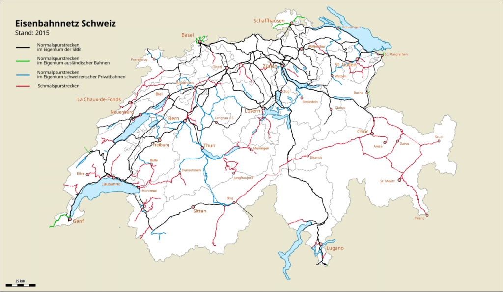 Mapa da rede ferroviária da Suíça, 2015. Mostra linhas de bitola padrão, estreita e privada em várias cores.