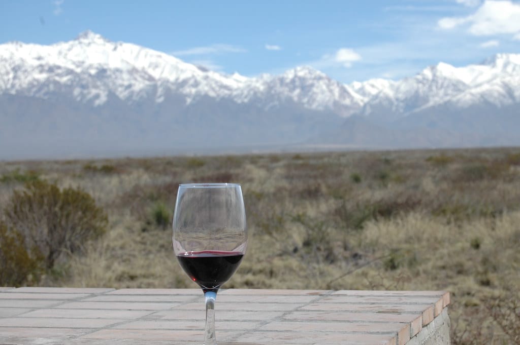 Uma taça de vinho tinto sobre uma superfície de azulejos com um cenário de montanhas cobertas de neve e paisagens abertas. Foto para ilustrar post sobre o que fazer em Mendoza.