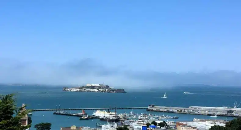 Vista da Ilha de Alcatraz desde San Francisco cercada por água, com barcos e uma marina em primeiro plano, sob um céu azul claro.