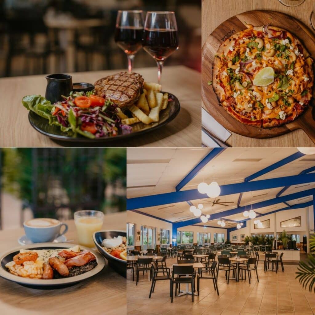 Colagem de um prato de bife, uma pizza, um prato de café da manhã e uma área de jantar iluminada com mesas e cadeiras vazias no McKenzie's on 75 em Fraser Island
