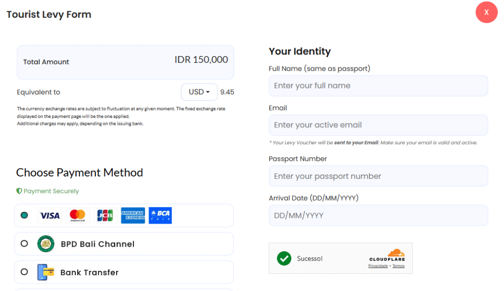 Formulário de taxa de turismo mostrando o valor total, conversão de moeda, campos para detalhes de identidade e opções de pagamento, incluindo cartões e transferência.