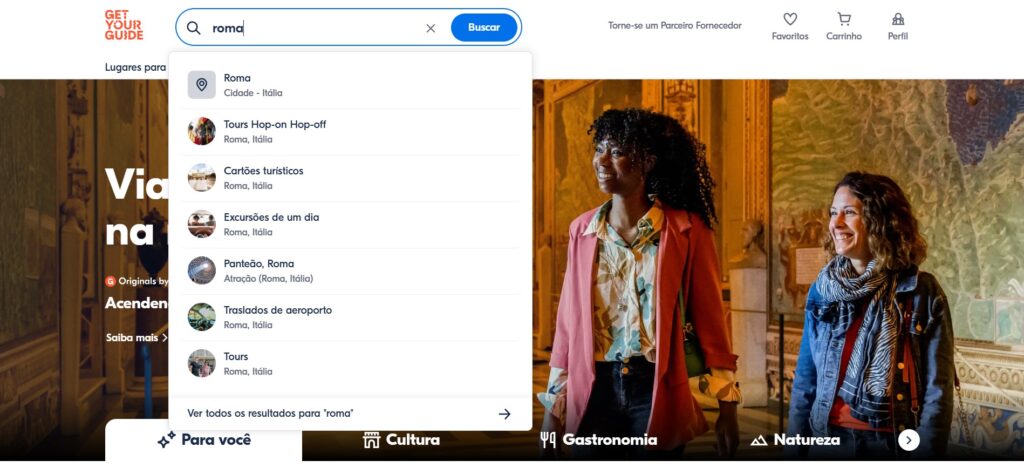 Captura de tela da interface do Get Your Guide com uma busca por "Roma" mostrando opções de passeios em um menu suspenso. A imagem ilustra o post que fala se o Get Your Guide é confiável.
