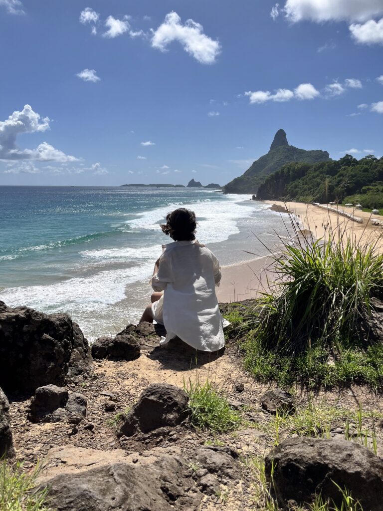 Uma pessoa de camisa branca está sentada em um penhasco rochoso com vista para uma praia arenosa, ondas do mar e uma montanha verde distante.