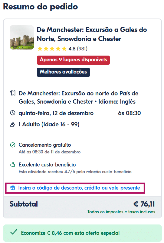 Tela de resumo do pedido em português da Get Your Guide para um passeio saindo de Manchester, incluindo classificações, política de cancelamento e opção inserir cupom de desconto.