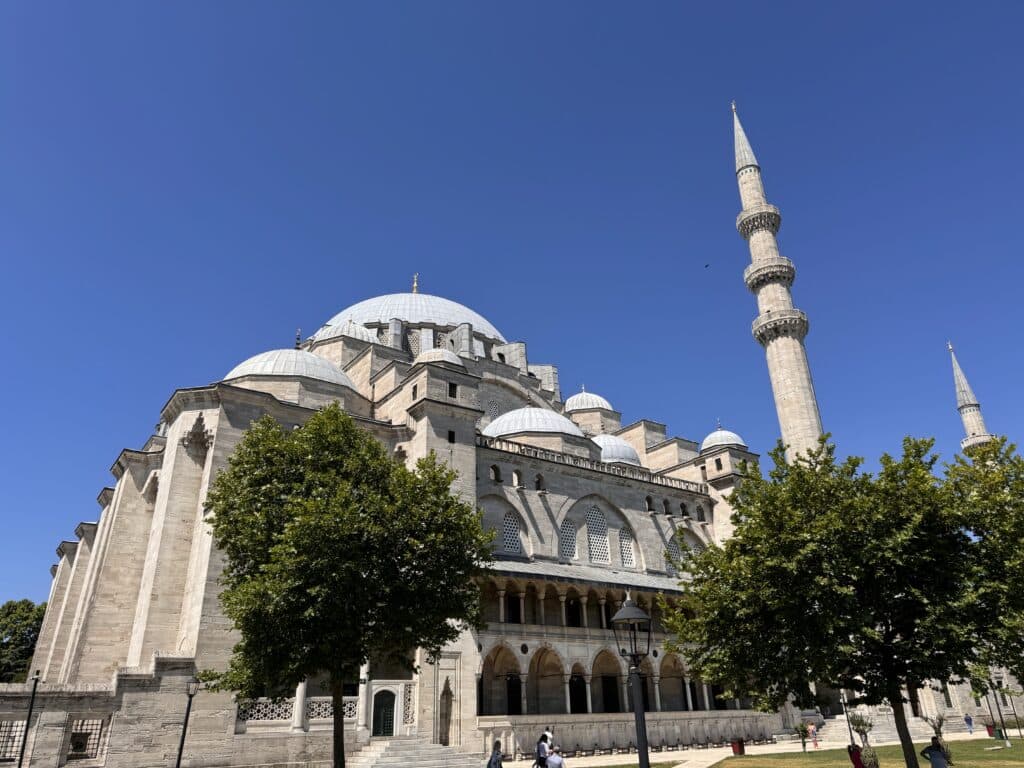 Mesquita Süleymaniye em Istambul, com suas grandes cúpulas e um alto minarete sob um céu azul claro, emoldurado por árvores na frente.