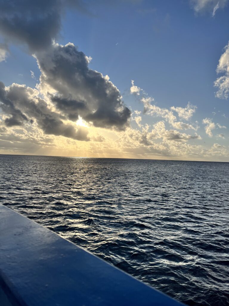 Pôr do sol sobre o oceano com nuvens dispersas e luz do sol refletindo na água, visto por trás de uma grade azul.