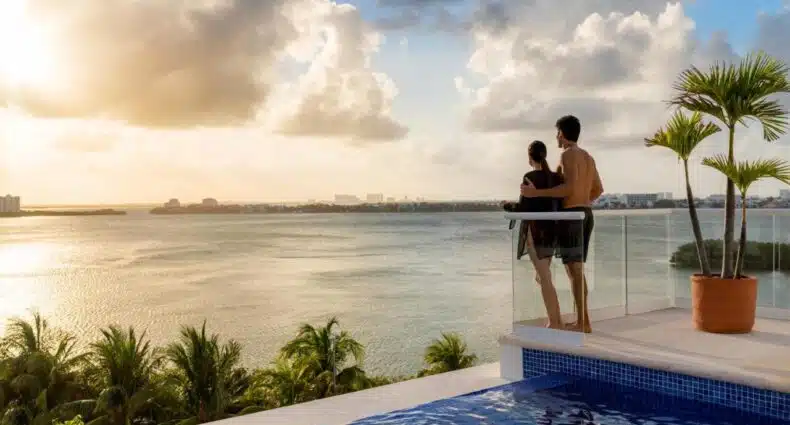 Um casal está em uma varanda perto da piscina, com vista para o oceano, com nuvens, palmeiras e um vaso de plantas por perto. Esse é o terraço do Hyatt Zilara Cancun, um dos melhores resorts all inclusive no Caribe.