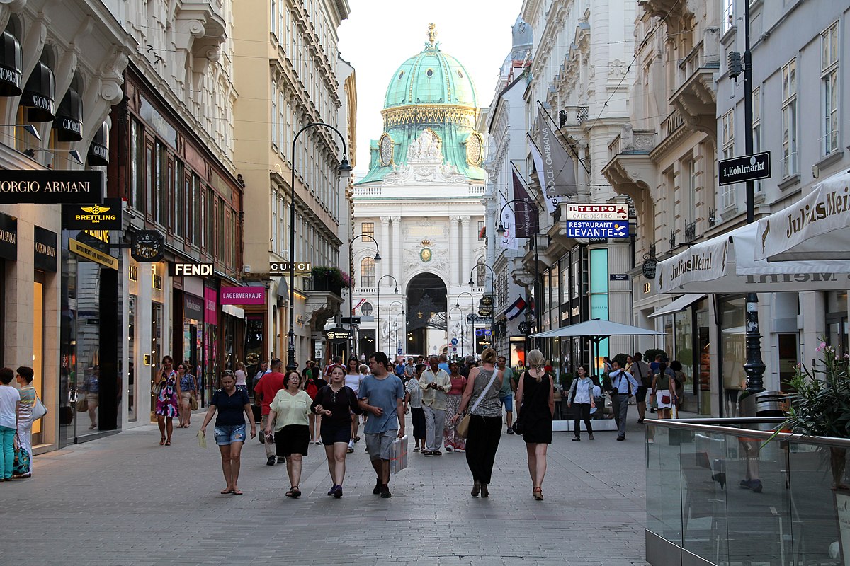Movimentada rua Kohlmarkt, em Viena, com lojas de grife, pessoas caminhando e um edifício histórico com uma cúpula verde ao fundo.
