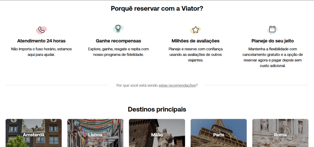 Página da Viator mostrando os benefícios da reserva, com imagens das cidades: Amsterdã, Lisboa, Milão, Paris, Roma. Texto em português, provando que a Viator é cinfiável