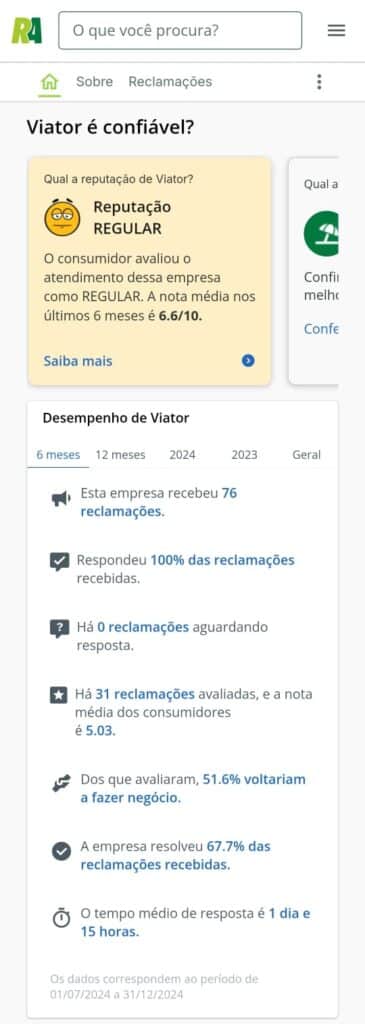 Captura de tela de uma página de avaliação da Viator com uma classificação de reputação regular de 6,6/10. Lista estatísticas de feedback e reclamação do cliente.