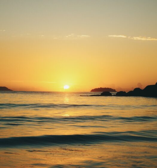Pôr do sol sobre um oceano calmo com uma silhueta de árvores e colinas no horizonte, céu com gradiente de laranja para azul. Essa é a Praia do Félix, em Ubatuba, no Litoral Norte de São Paulo.