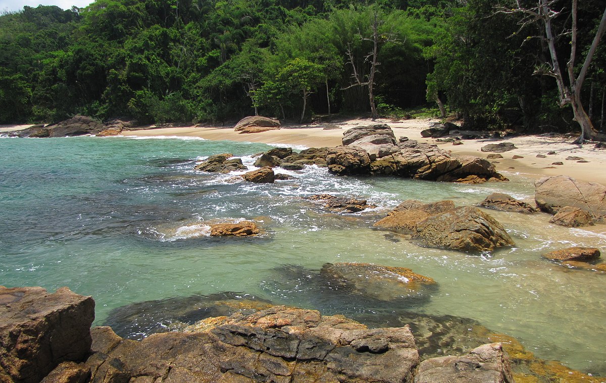 Uma praia isolada com águas cristalinas azul-turquesa, litoral rochoso e densa vegetação verde ao fundo. A Praia do Cedro em Ubatuba é acessada por uma das trilhas em SP.