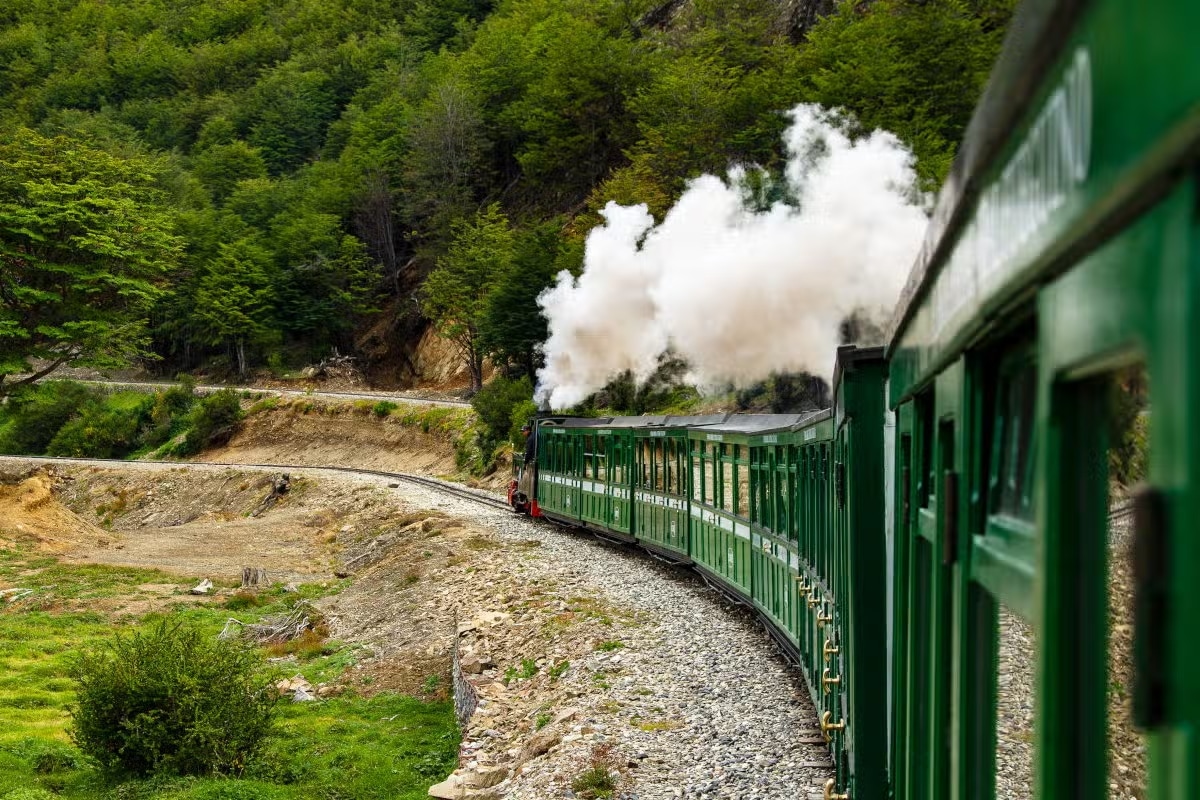 Um trem verde emite fumaça branca enquanto viaja em uma linha curva através de uma paisagem florestal verdejante.