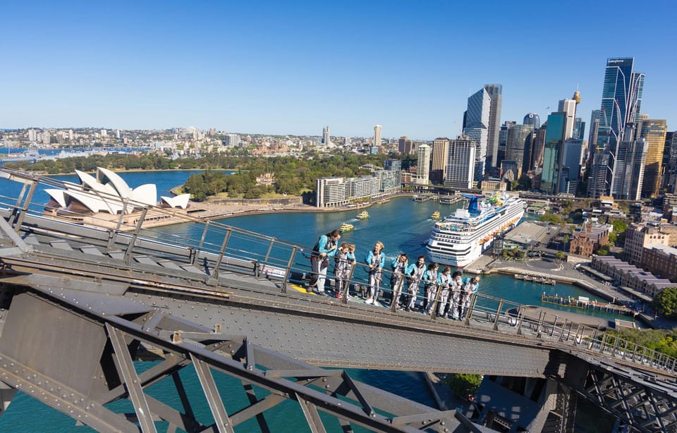 Um grupo de pessoas caminha no topo da Harbour Bridge com vista para a Ópera de Sydney e o horizonte da cidade com edifícios altos.