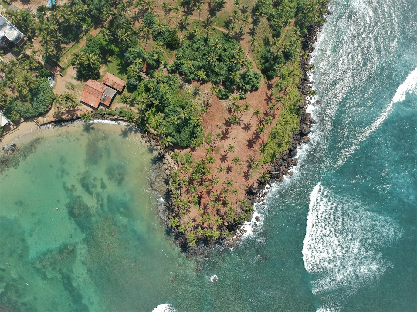 Vista aérea de uma área costeira com palmeiras, em Mirissa, edifícios com telhados vermelhos e ondas batendo na costa rochosa ao lado de uma pequena baía.