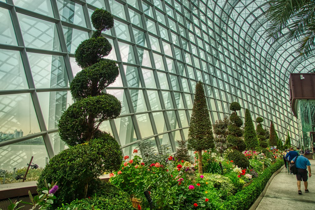 Jardim interno da Flower Dome com topiaria criativa e flores coloridas sob um grande teto de vidro arqueado. Pessoas caminham por um caminho. Ilustra o que fazer em Singapura.