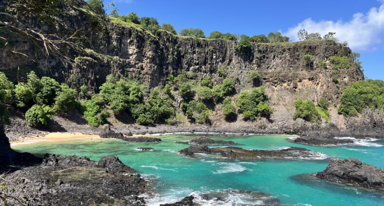 Litoral rochoso com águas azul-turquesa e uma pequena praia de areia sob altos penhascos com árvores verdes sob um céu azul claro.