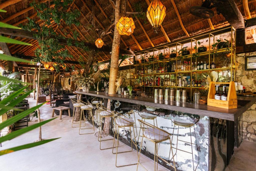 Um bar rústico com bancos de madeira, teto de palha, luzes penduradas e prateleiras com garrafas e copos, no Hotel Bardo Adults Only.