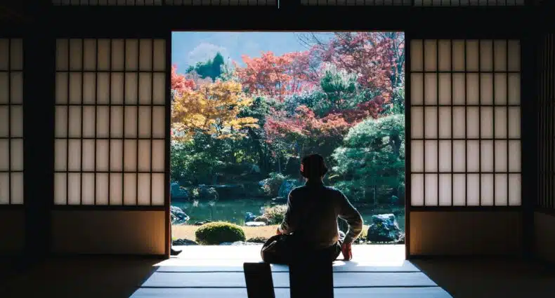 Uma pessoa está sentada no chão dentro de uma sala, olhando para um jardim com árvores de outono através de portas de correr abertas, no Japão. Representa eSIM Japão.